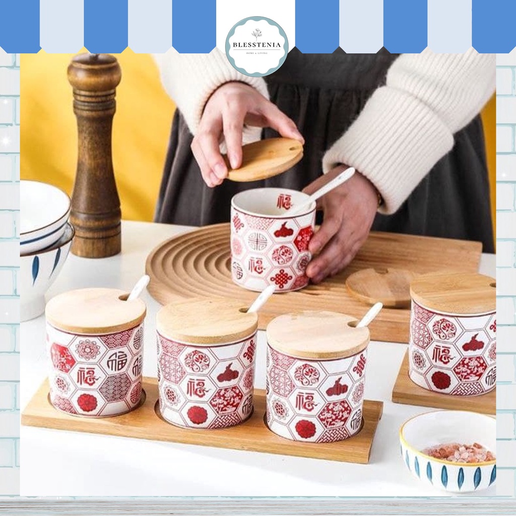 Blesstenia - Tempat Bumbu Keramik Set 3in1 Storage Ceramic Jar Set Spice Salt Kitchen Organizer