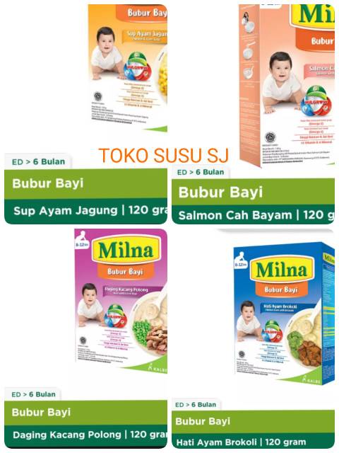 MILNA BUBUR 8 + 120 GR/120gr/8+/8 bulan/salmon cah bayam/sup ayam jagung/daging kacang polong/hati ayam brokoli