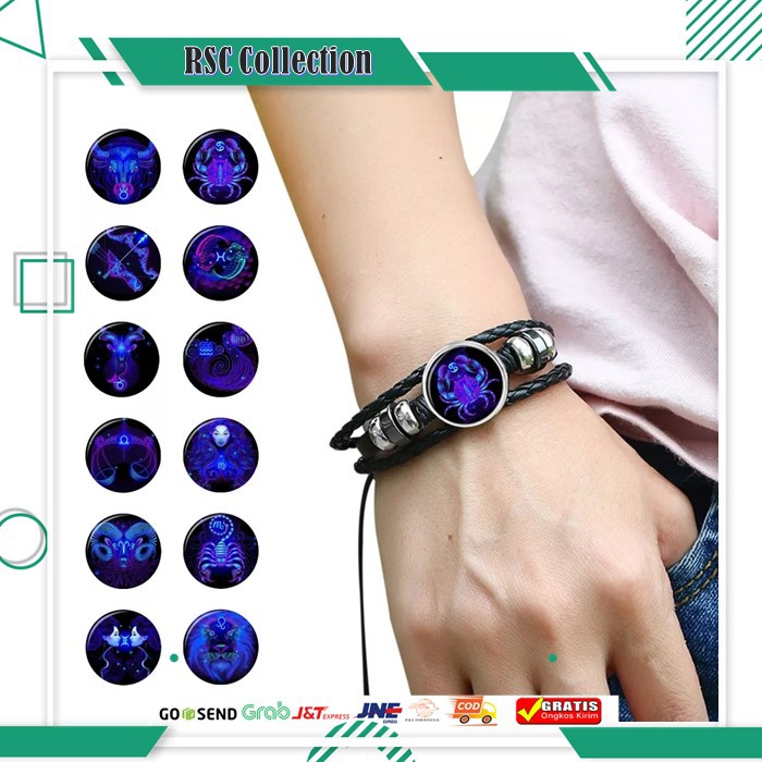 Gelang Couple Nama Pria & Wanita Gelang Tali HItam Zodiak Bercahaya