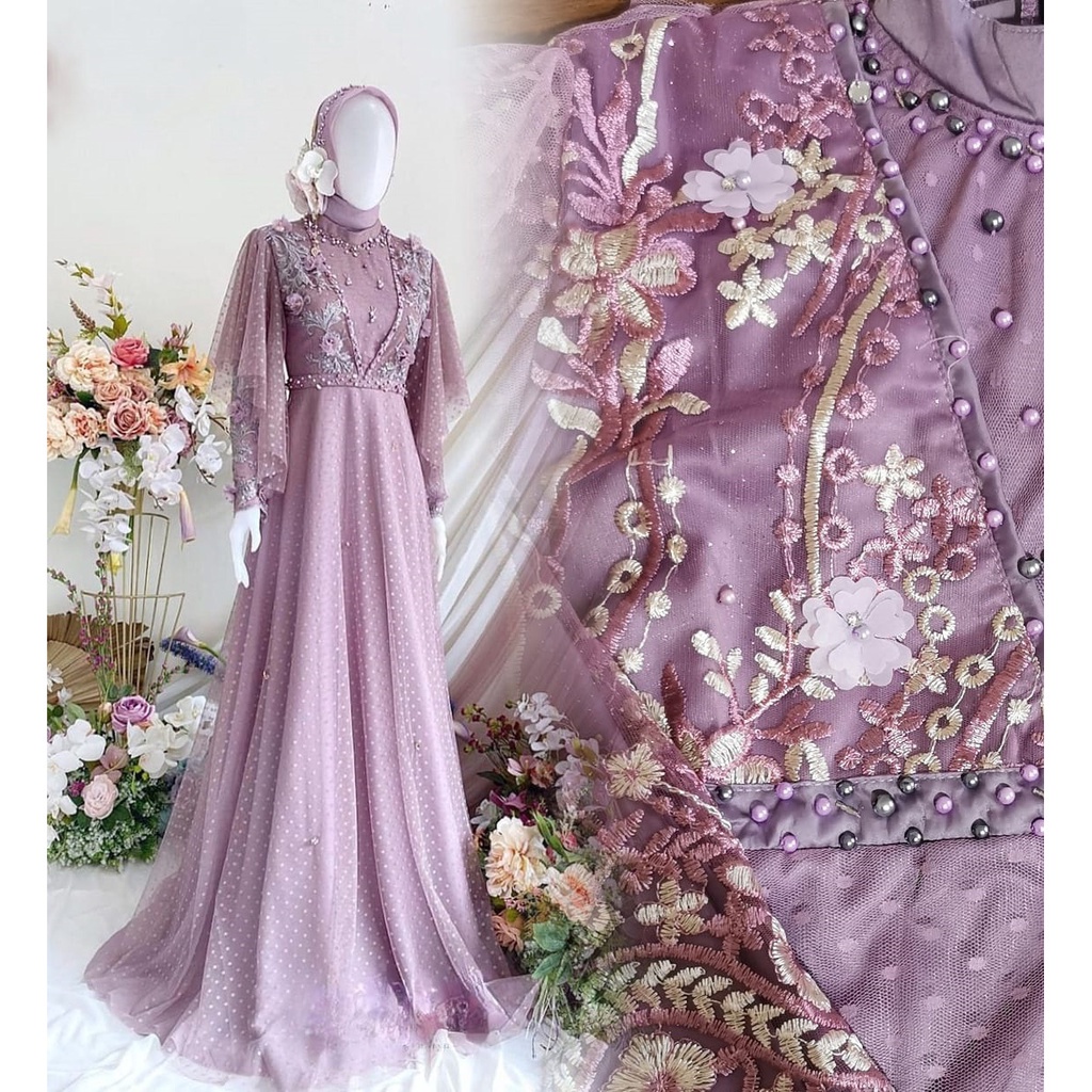 DEWI SEKARTAJI GAUN pesta pengantin syar'i mewah tulle bordir dan tulle dot / baju kondangan / prewedding / lamaran / wisuda / wedding bisa dipesan couple / tersedia ukuran kecil hingga jumbo