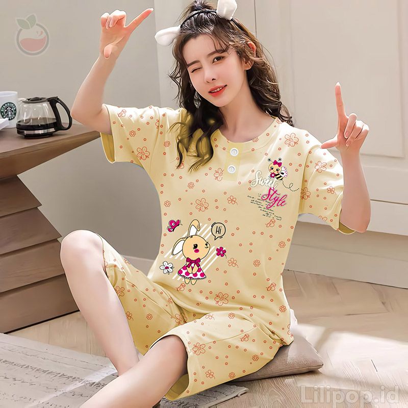 SUNCHERY COD BAJU TIDUR 3/4 ALL SIZE/BABYDOLL KEKINIAN MURAH/SLEEPWEAR WANITA-STYLE KUNING