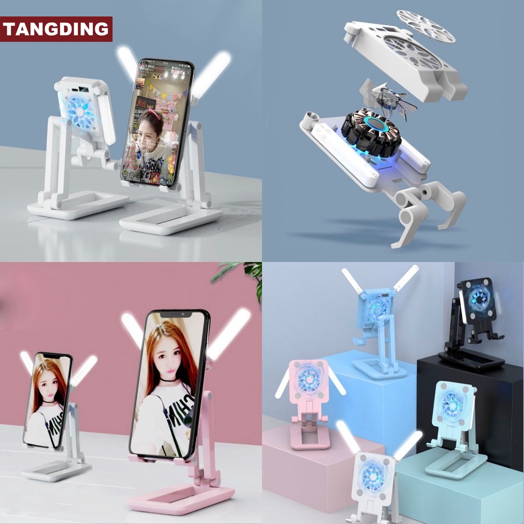 【COD Tangding】Laptop Holder Phone Holder Mini Cooling Fan Foldable Phone Stand with Fan Fill Light for Mobile