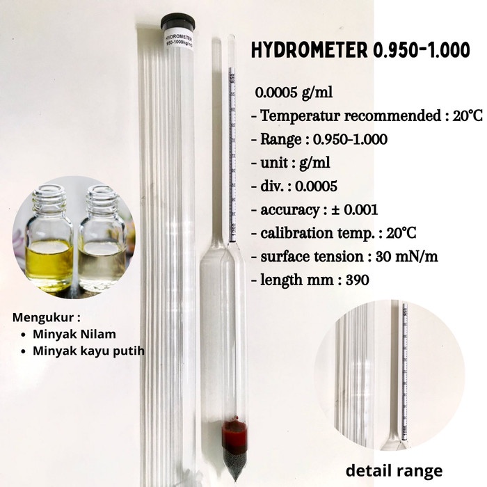 Hidrometer Skala 0.900-1.000  Alat Untuk Kadar Uji minyak Nilam Minyak Kayu Putih / Hydrometer patchouli Oil / eucalyptus oil 900-1000