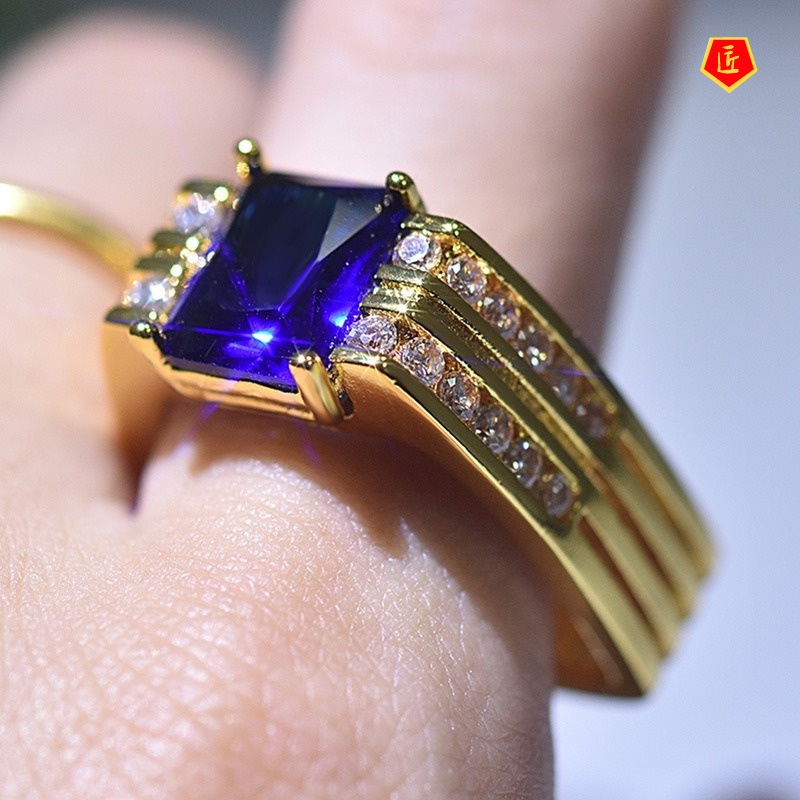 [Ready Stock]Gold Micro Inlay Blue Square Diamond Ring