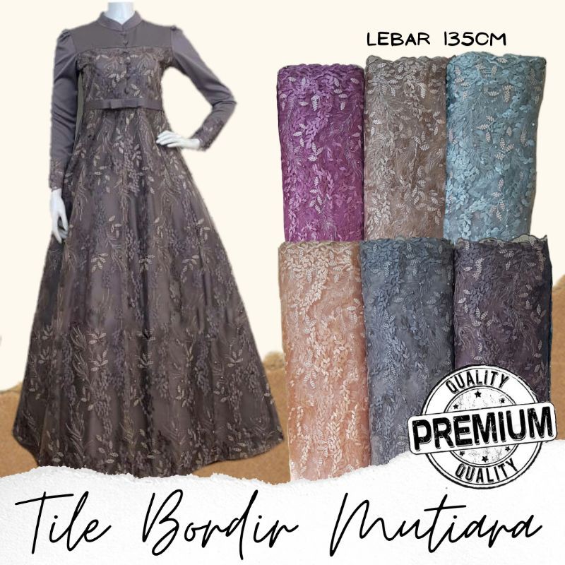 Kain Tile Bordir Mutiara Two Tone 2 Warna Brukat Motif Bulu Feather