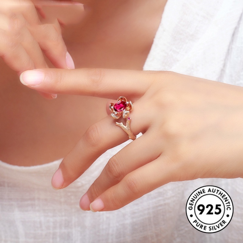 Cincin Desain Bunga Ruby Bahan S925 Silver Warna Rose Gold Untuk Wanita