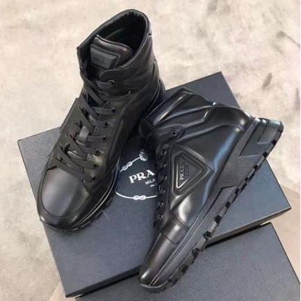 sepatu pria sneaker boots pr4da mirror shoes men high end kulit hitam cowok