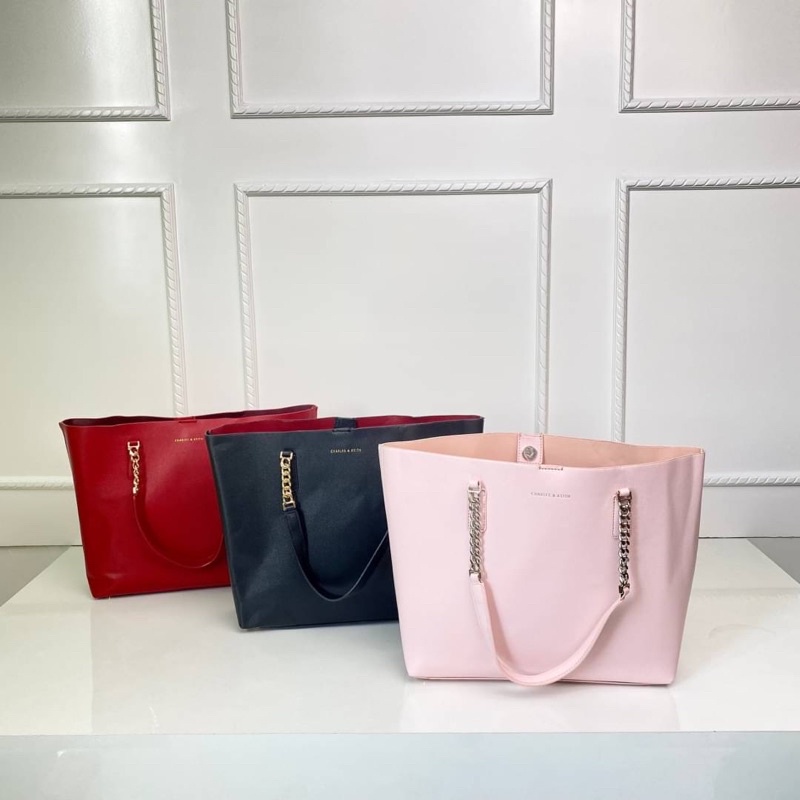 Tas Kulit Jinjing Tangan Wanita CK Leather Chain Strap Tote Bag Premium Import, Hitam Black Pink Mer