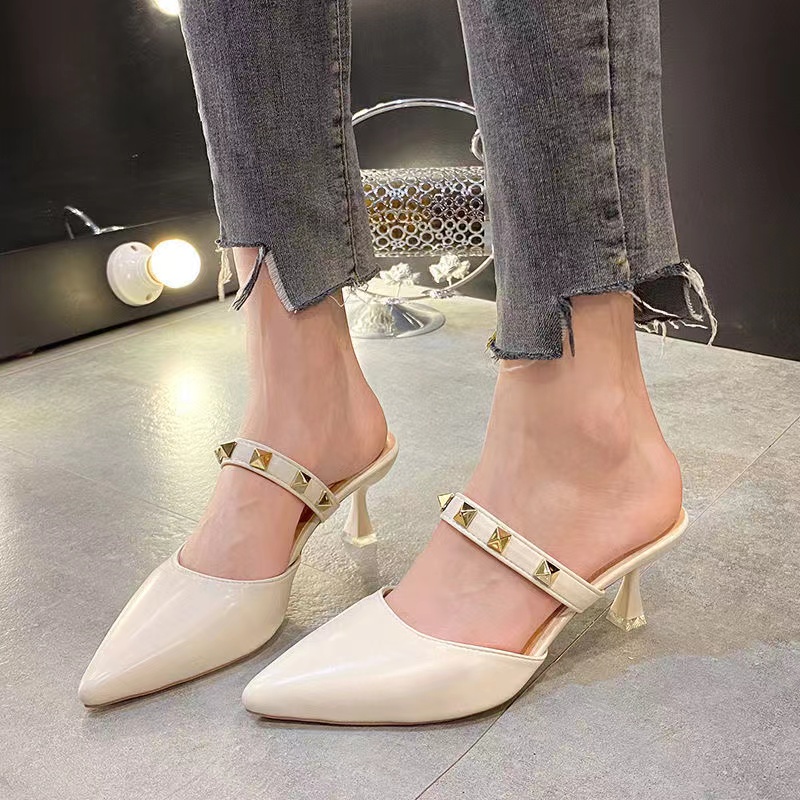 Sepatu Wanita Import Heels Runcing 3 cm Design Pita Besar Lucu