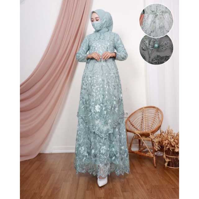 Permata Olshop / Gamis Tingkat Runcing Claudia2 NK / Kebaya Gamis Modern Tulle Terbaru / Gamis Pesta Mewah / Kebaya Gamis Seragam Nikah