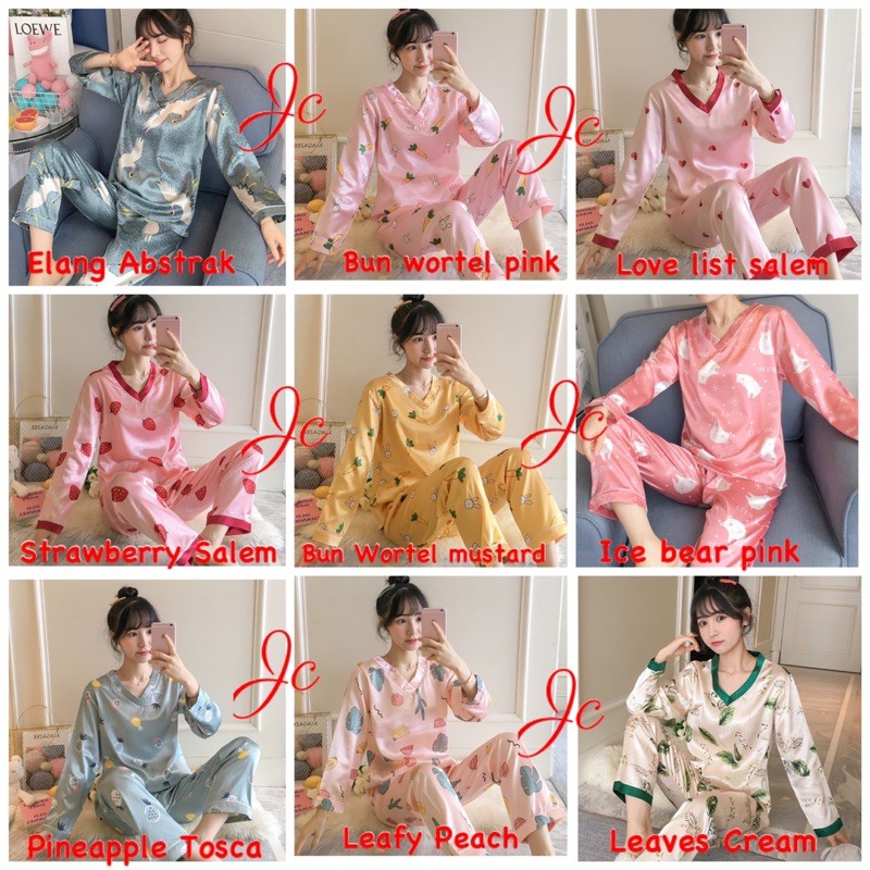 15 Motif JC- Stelan V Neck Satin PP Import / Piyama Wanita Pp import / Piyama wanita import murah