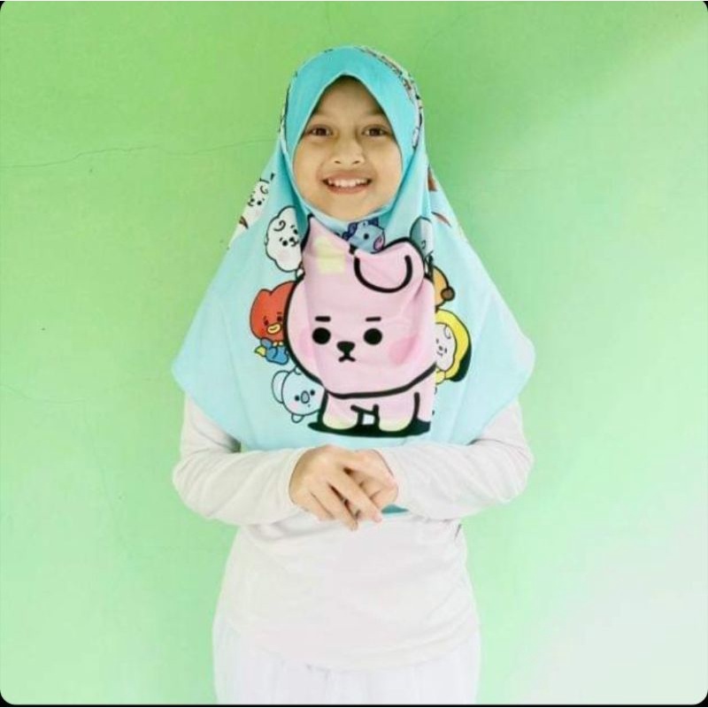 BERGO PRINTING ANAK MOTIF BT21 BIRU / HIJAB INDTANT ANAK KARAKTER LUCU / JILBAB ANAK KARAKTER