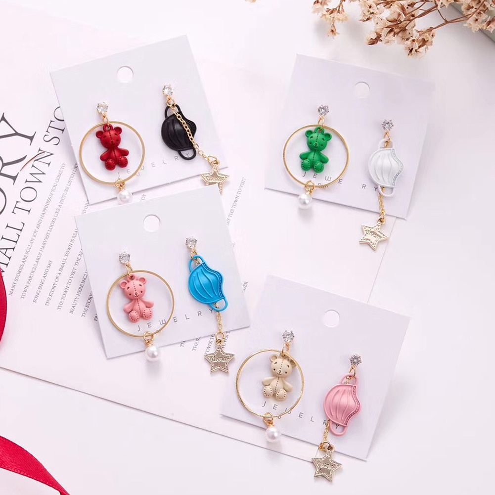 Hu Hu Hu Hu Hu Alat Bantu Pasang Kacamata♡ Anting Tusuk Gantung Wanita Asimetris Desain Beruang + Bintang + Mutiara Imitasi Untuk Hadiah