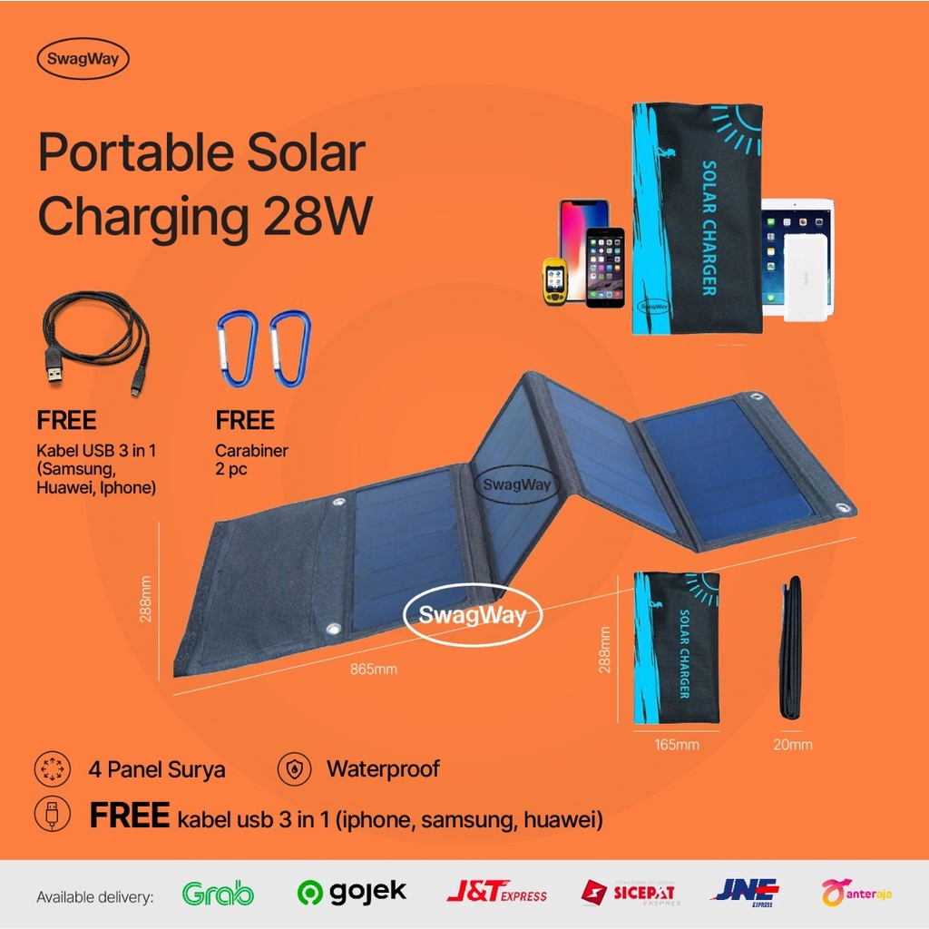 solar charger portable panel surya charging 28w 28 watt 4 panel 3 usb port penghemat daya listrik