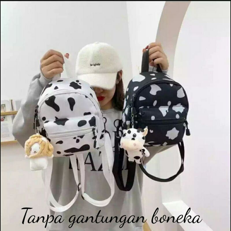 RULLY_Tas Ransel Perempuan Mini Terbaru Motip Sapi Lucu Backpack Mini Cow Milk tanpa boneka