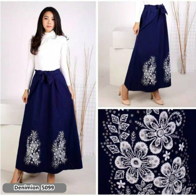 Rok Jeans Pinggang Karet Bordir Tidak Melar Rok Panjang Jeans Rok Bordir Allsize Rok Muslim
