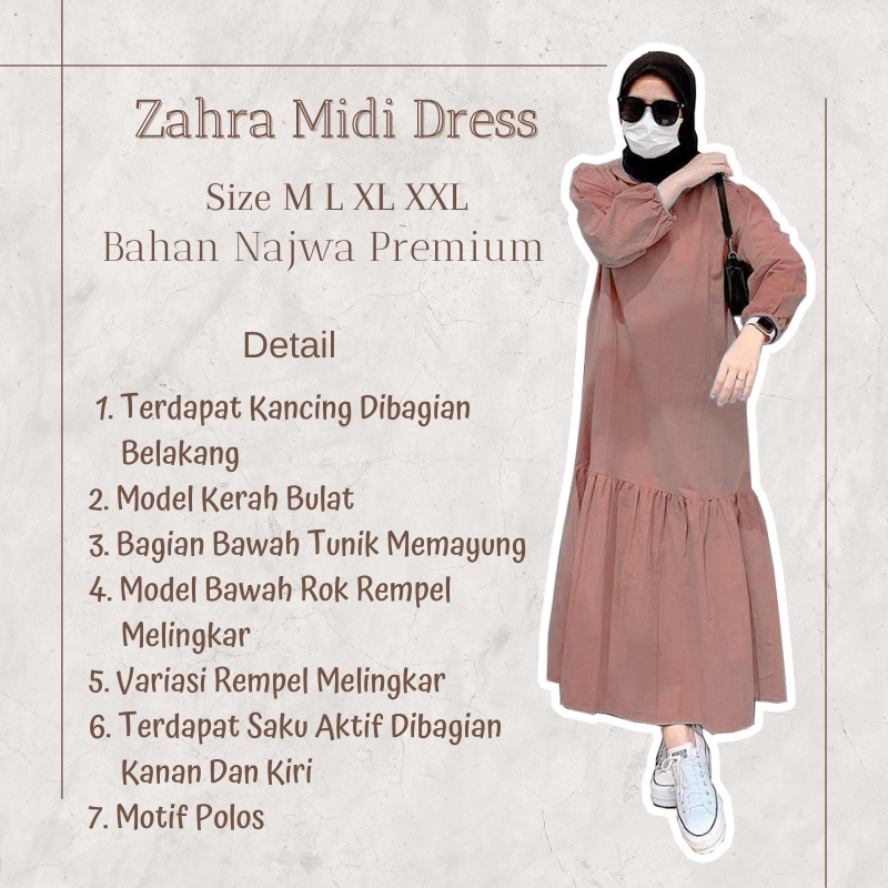 ZAHRA MIDI DRESS Pakaian Muslim Wanita Remaja Lengan Panjang Bahan Najwa Premium Ukuran M L XL XXL Jumbo Motif Polos / Tunik Wanita Muslimah Terbaru Model Rempel Melingkar