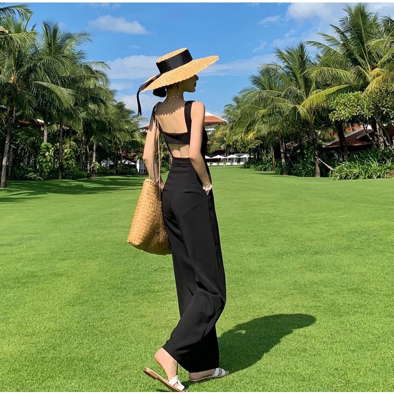 VENIA JUMPSUIT / JUMPSUIT WANITA KOREAN STYLE BACKLESS JUMPSUIT HITAM CASUAL BEACHWEAR HITAM