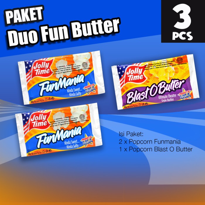 

Instant-Camilan- Paket Duo Fun Butter (2Fm, 1Bob) - Jolly Time Mircowave Popcorn -Camilan-Instant.