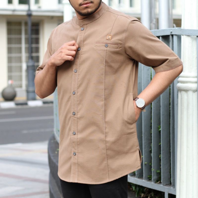 BAJU KOKO KURTA LENGAN PENDEK BAHAN FULL COTTON WASHING WARNA MUSTARD NAVY ARMY MAROON ABU MOCCA M L