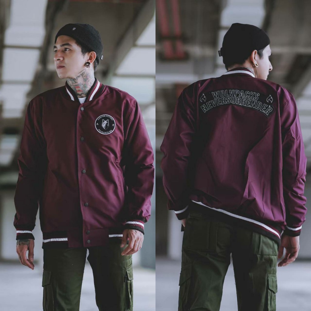 JAKET PRIA - JAKET BOMBER PRIA - JAKET VARSITY - JAKET SALVIO HEXIA-WOLF NS MAROON