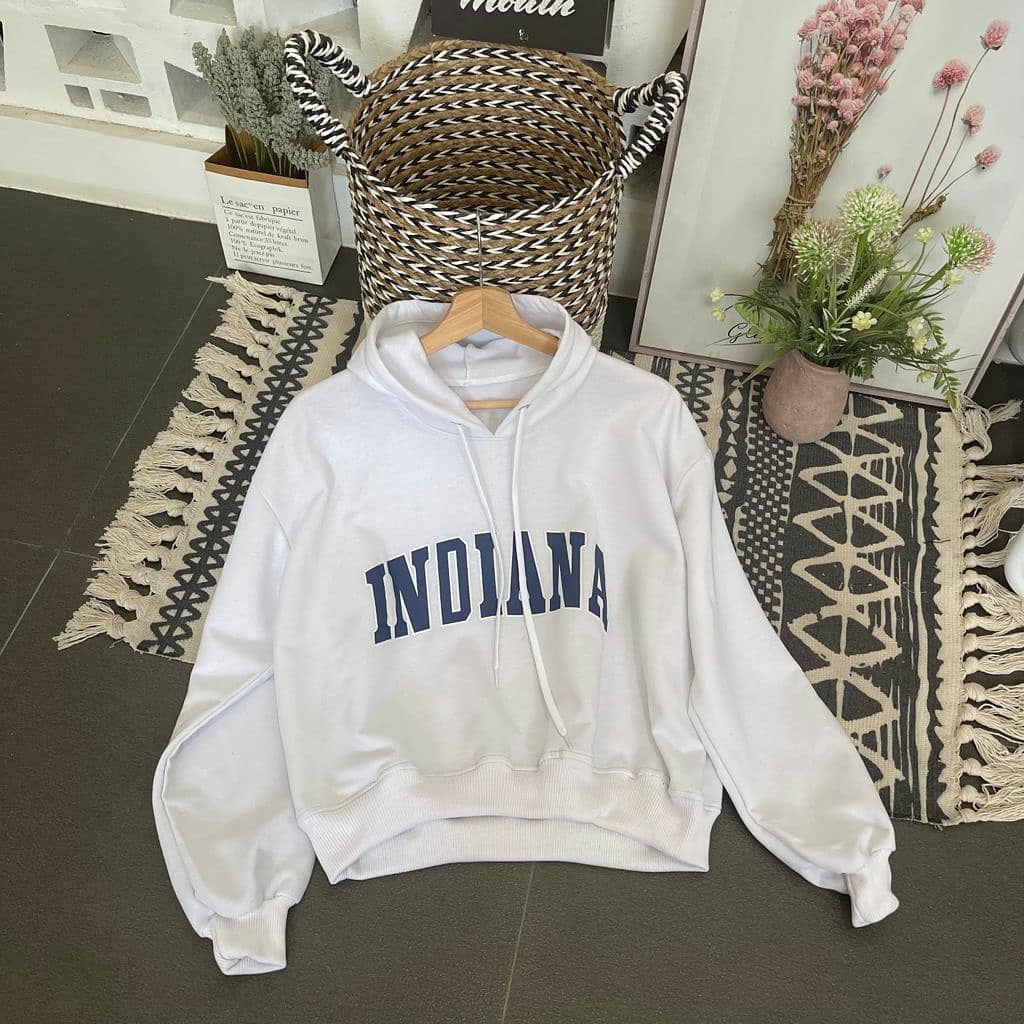 Croope Hoodie Indiana Croptop Oversize Wanita Motif Lettering Bahan Fleece