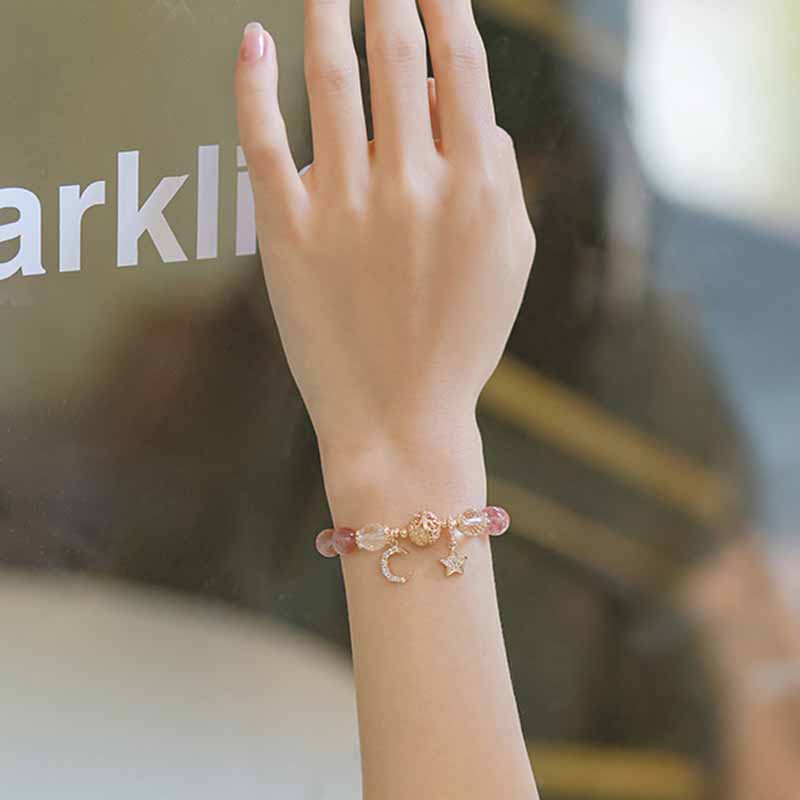 Gelang Kristal Berlian Imitasi Bentuk Bulan Bintang Warna Pink