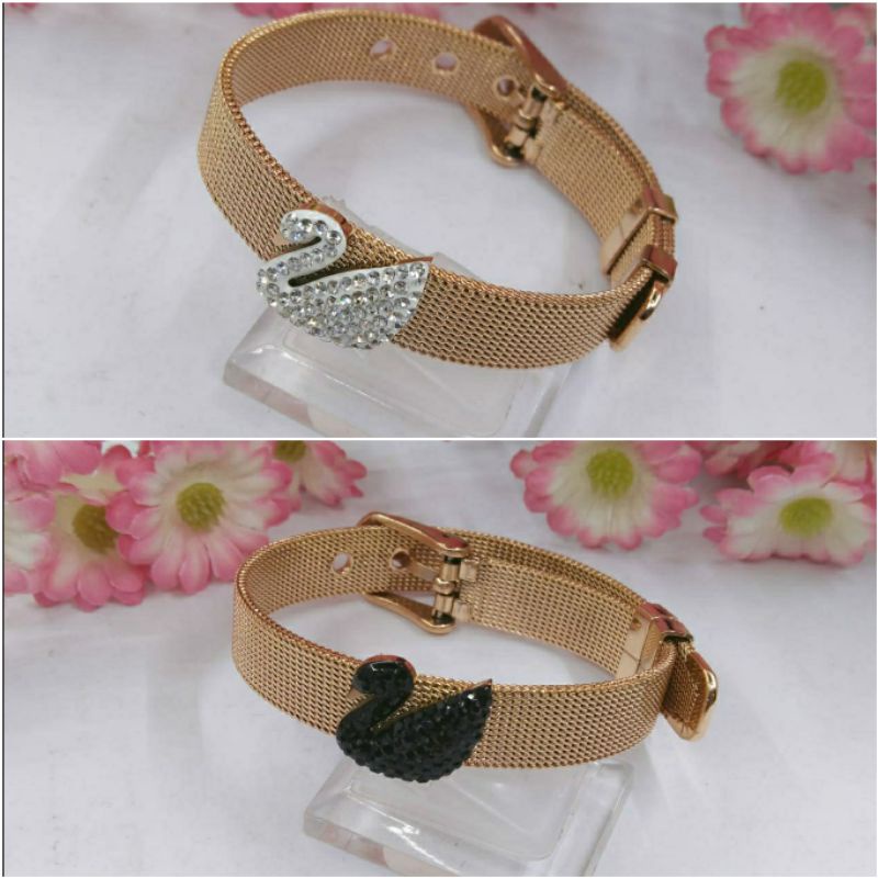 FF Gelang Titanium Rantai Jam Angsa Hitam/Putih Rose Gold S193