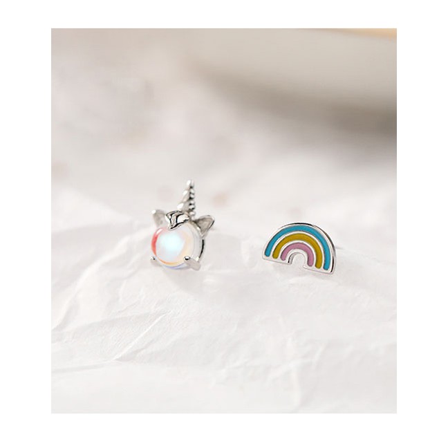 LRC Anting Tusuk Fashion Silver Copper Plated Real Gold Rainbow Aurora Unicorn Asymmetric Stud