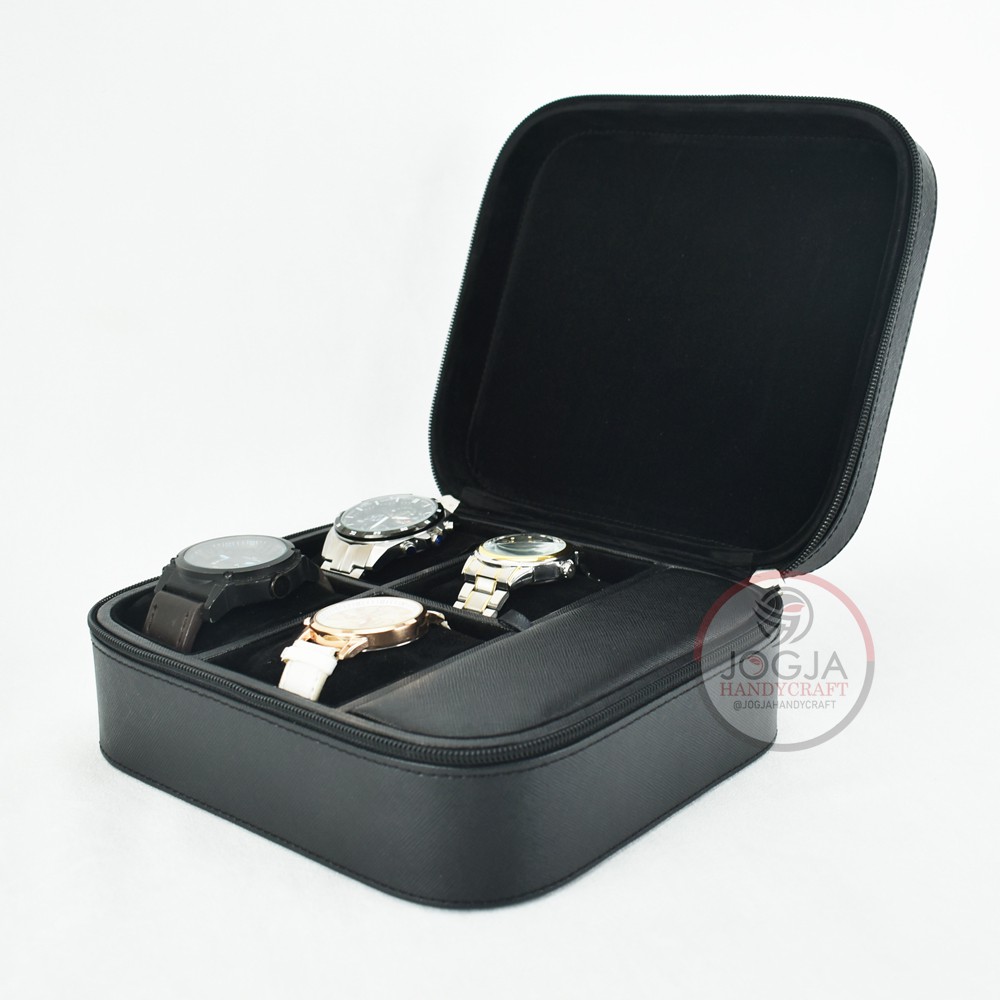 Full Black - Travel Watch Box Kotak Tempat Jam Tangan Sport 4 slot + 1 Slot Multifungsi