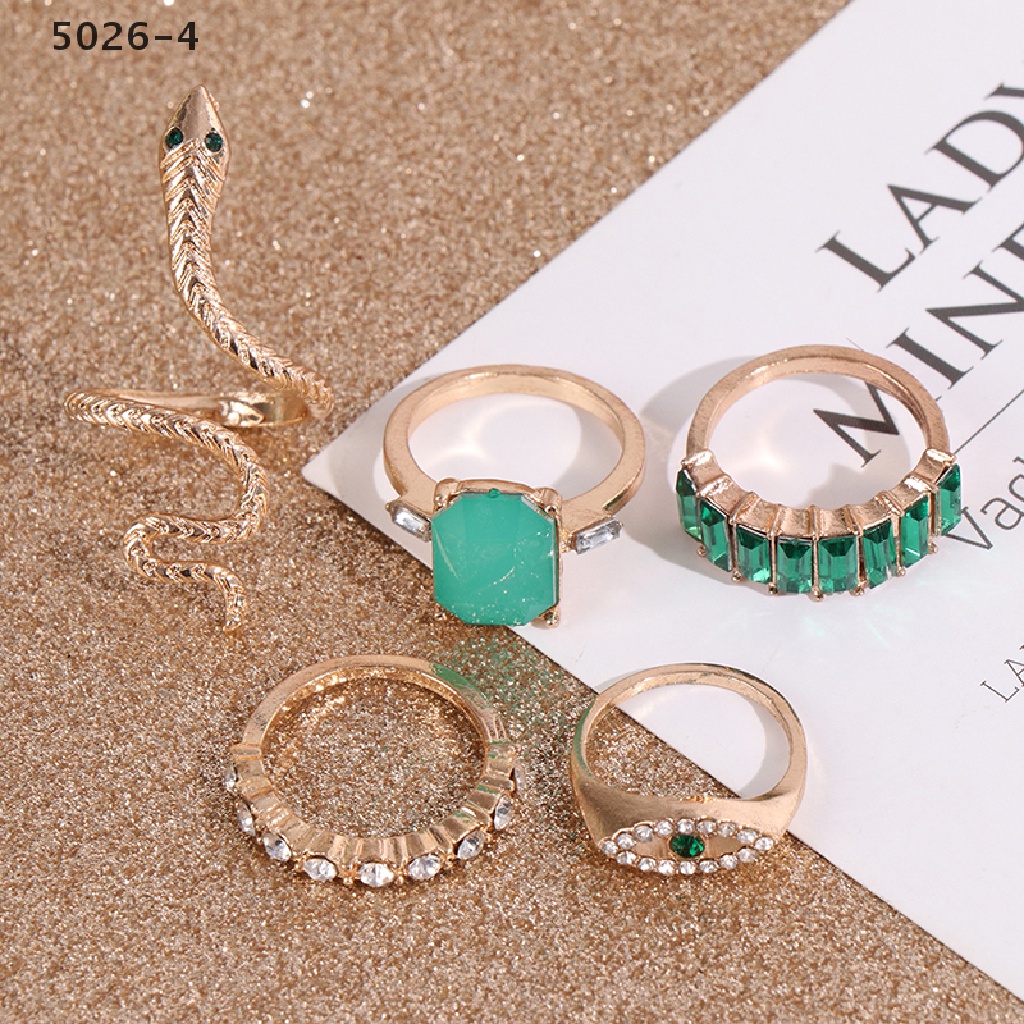 5026-4 6 pcs /set Green Rhinestone Rings Vintage Crystal Snake Adjustable Metal Ring 5026-4