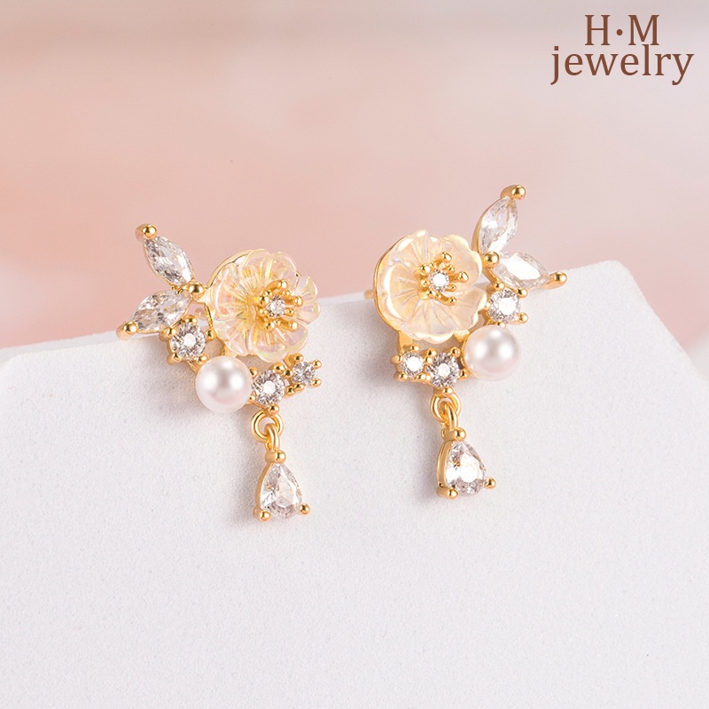 Anting Tusuk Desain Bunga Magnolia Hias Zircon AAA Gaya Mewahsimpleperi Untuk Wanita