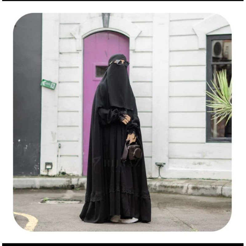 FloorHijab by Hijaaz.id Size 160cm / khimar Overhead Jetblack List Renda Asilah Hitam