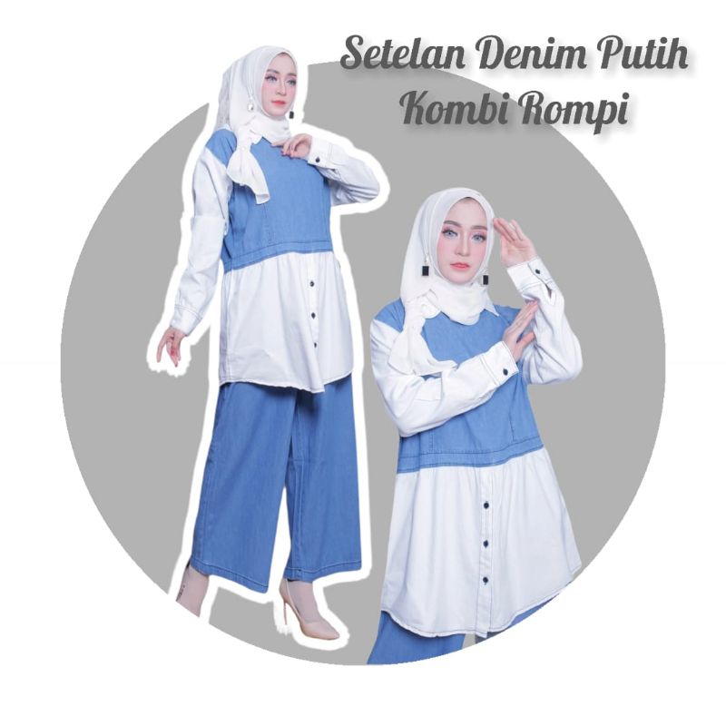 Setelan Denim Putih Kombi Rompi