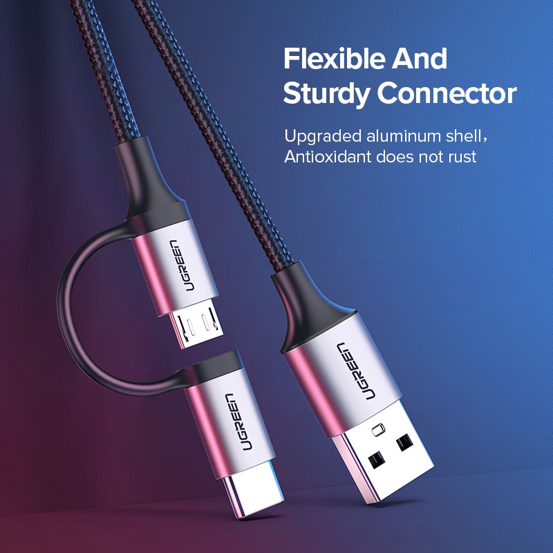 【Stok Produk di Indonesia】Ugreen 2in1 Kabel Data / Charger Micro USB Tipe-C Fast Charging Panjang 1m Untuk Samsung Galaxy S10 / S9