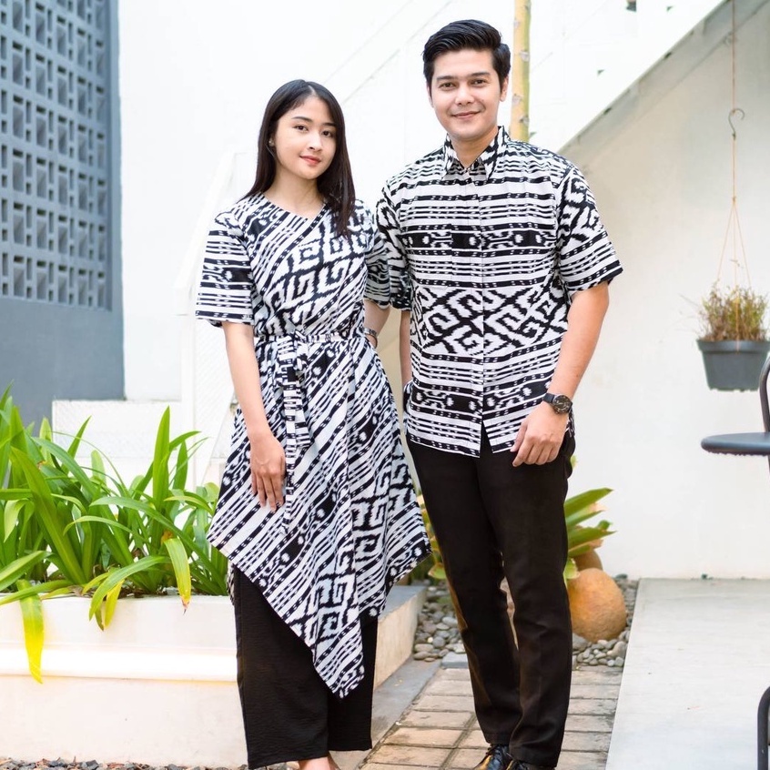 Baju Batik Couple Batik Dress Lancip Wanita Sarimbit Batik Pasangan Katun Lengan Pendek Motif Songke