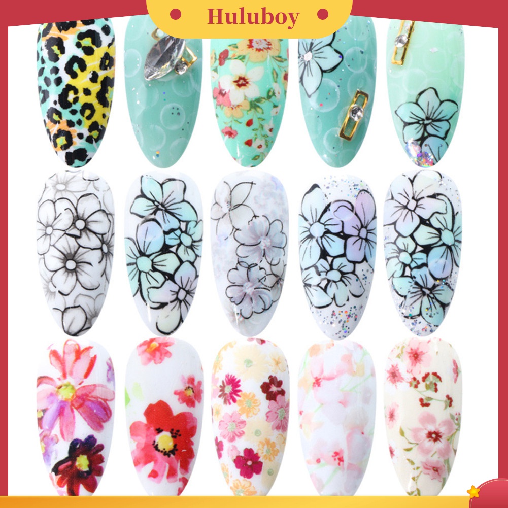 Huluboy Huluboy♡ 10 Lembar Stiker Kuku Motif Print Bunga Untuk Dekorasi Manicure