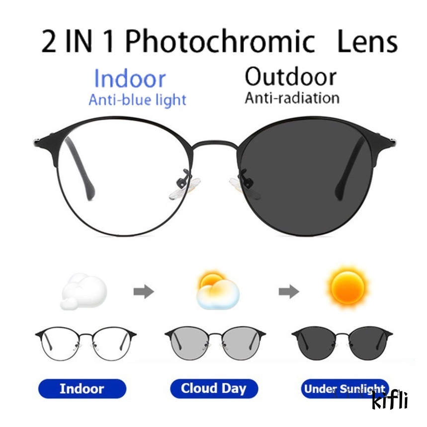 [2 In 1 Photocromic] Kacamata Lensa Photocromic +,Anti Radiasi Blueray,(Bluechromic)Pria Wanita Frame Besi Photochromic