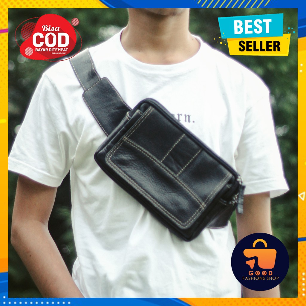 Tas Selempang Pria Kulit Asli Sapi Original Garut Murah Warna Hitam