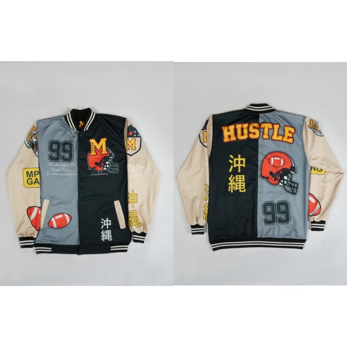 Outerwear Varsity Jacket Baseball Pria Wanita - M hustle, XL