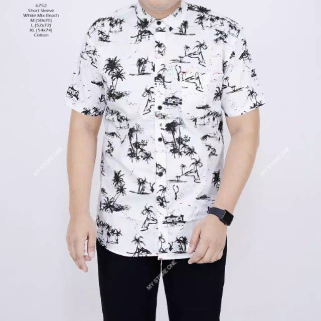 Kemeja printing baju atasan pria lengan pendek putih motif kelapa HEM distro keren terbaru baju pria