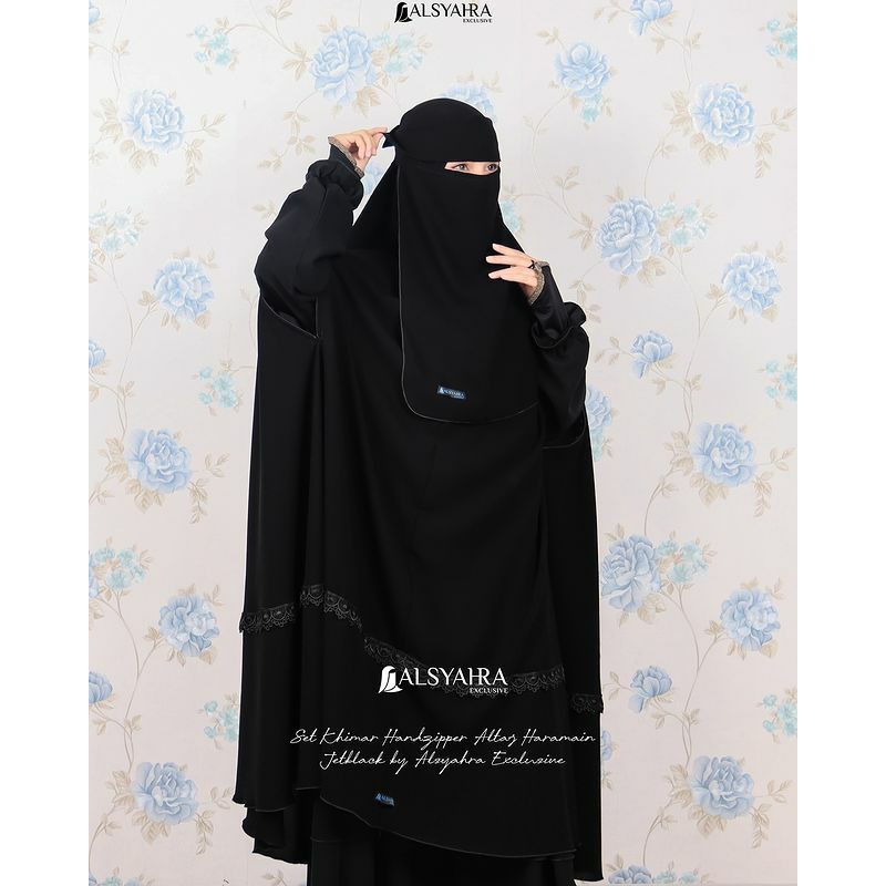 Set Khimar Syari Handzipper Altaj Haramain Niqab Poni Jetblack Alsyahra Exclusive
