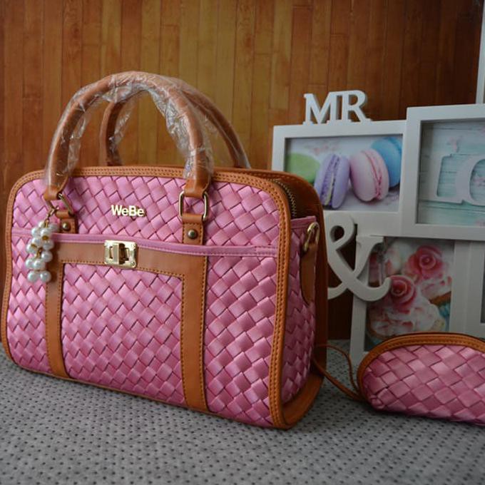promo tas kerja anyam branded set webe wb dompet besar warna baby pink terbaru