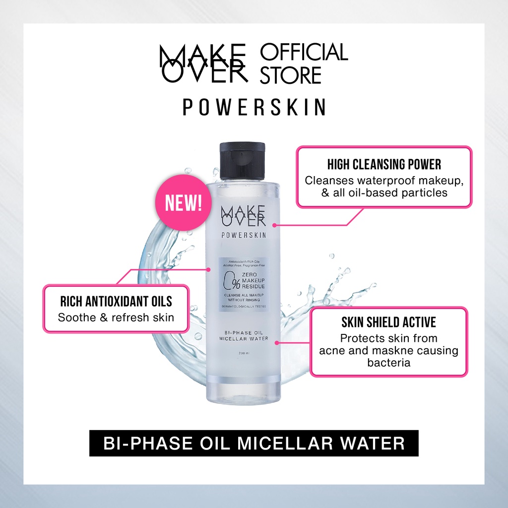 MAKE OVER Powerskin Bi-Phase Oil Micellar Water - Pembersih cleanser makeup sekali usap bersih total tanpa residu tidak menyumbat pori tidak membuat jerawat aman untuk kulit sensitif non-comedogenic