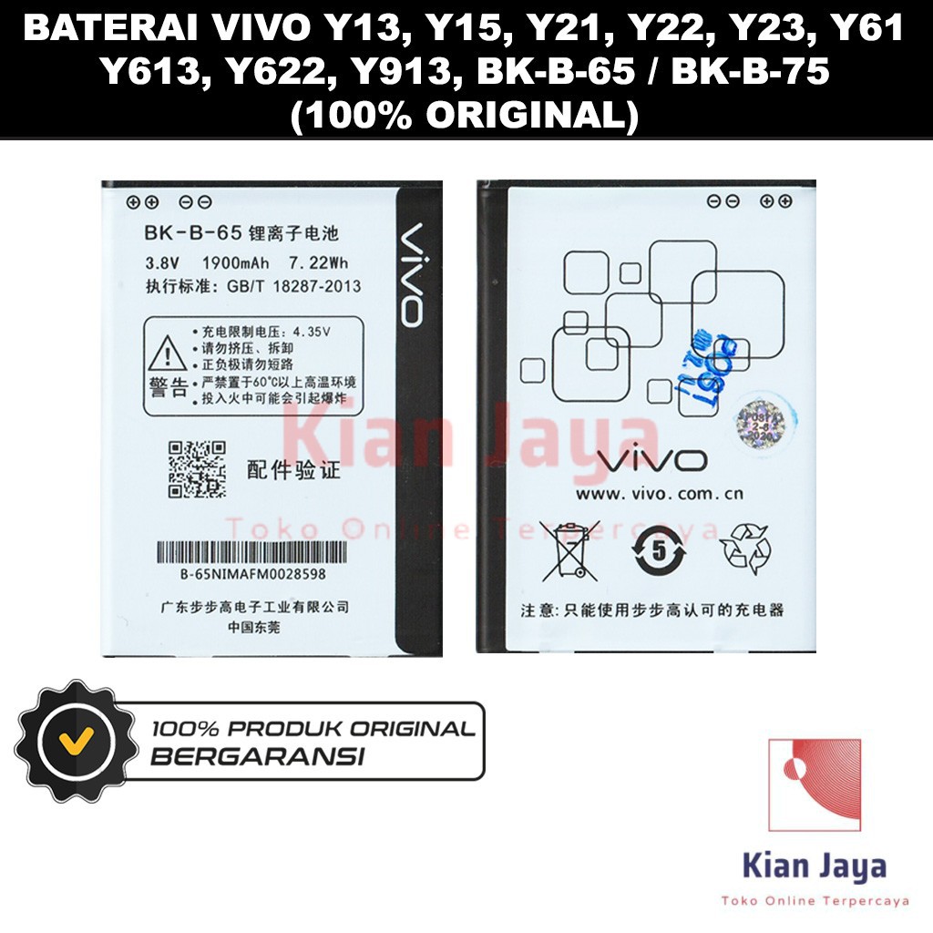 Baterai Original Hp Vivo Y13, Y15, Y21, Y22, Y23 BK-B-65, BK-B-75 Ori 100% Batrai Batre Battery