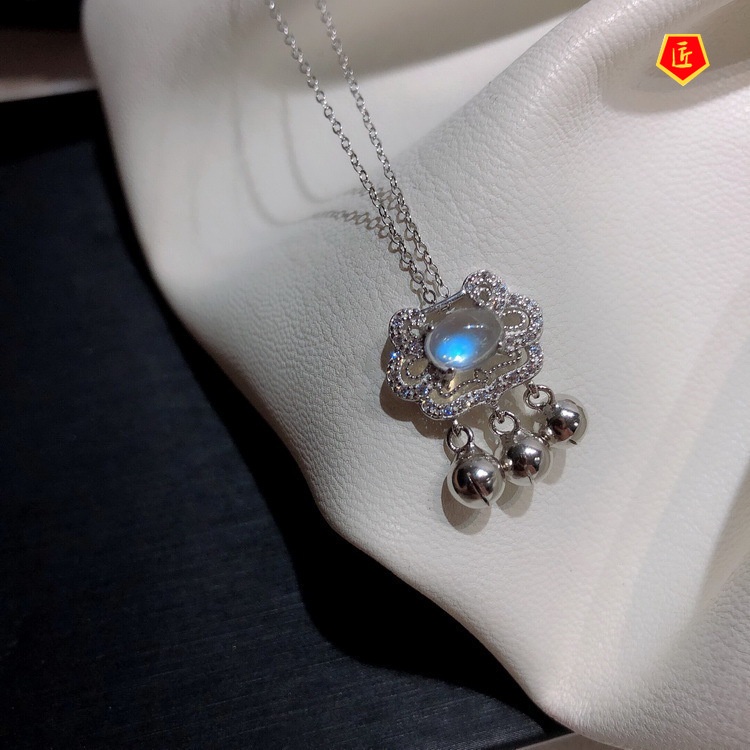 [Ready Stock]925 Silver Lock Wealth Lock Safe Little Bell Shape Pendant Blue Moonstone Necklace