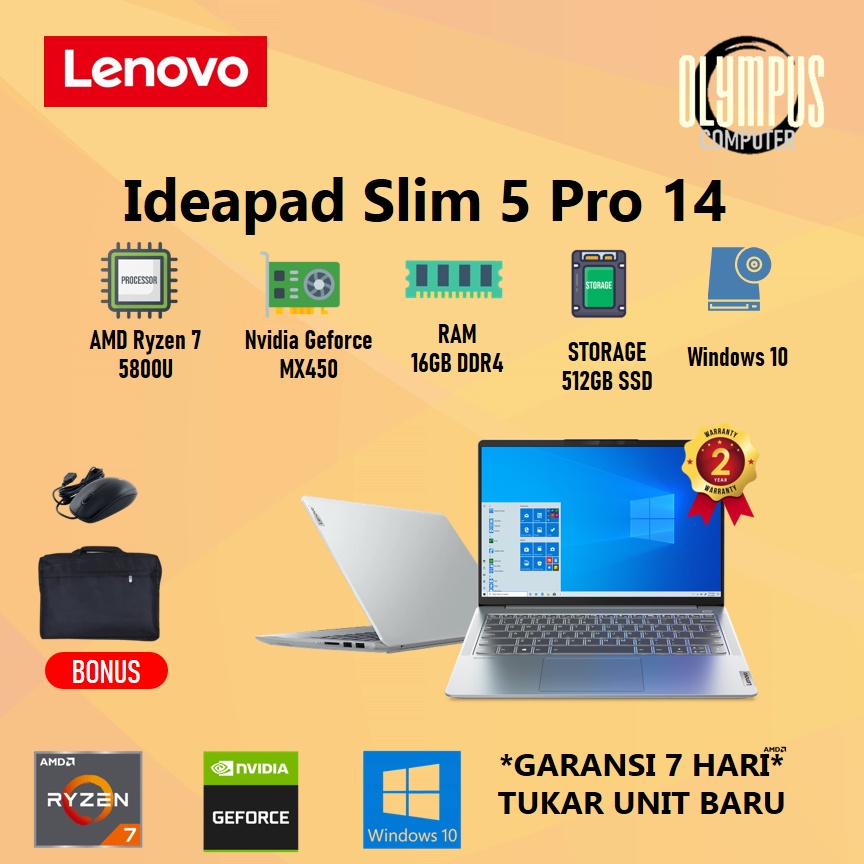 LAPTOP LENOVO IDEAPAD SLIM 5 Pro 14 MX450  RYZEN 7 5800U 16GB 512SSD W10+OHS