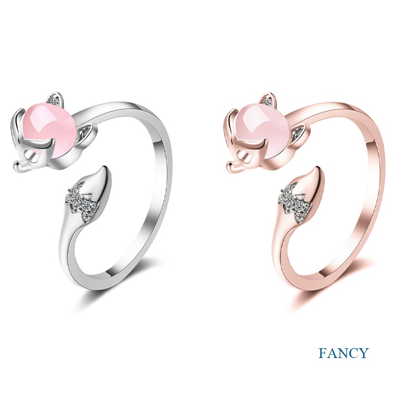 Cincin Sterling Silver 925 Desain Rubah Hias Kristal Zircon Agate Adjustable Untuk Wanita