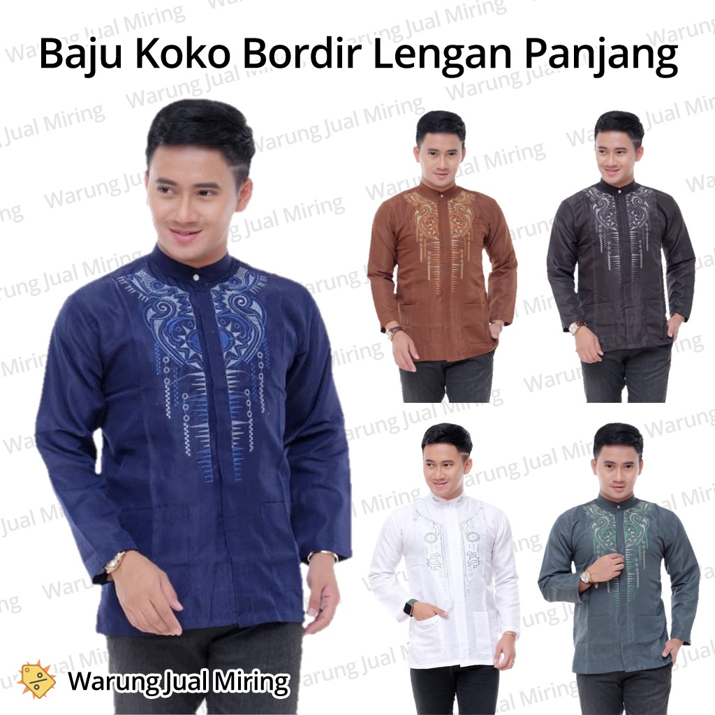 Baju Koko Lengan Panjang Bordir Klasik Kemeja Kantong Polos Dobby Kokoh Tangan Adem Dewasa Pria Laki Busana Atasan Muslim Lebaran Kurta Qurta Takwa Taqwa Tipis Tebal Murah Polos Warna Tua Terang Hitam Biru Hijau Coklat Merah Jodoh Sarung Peci