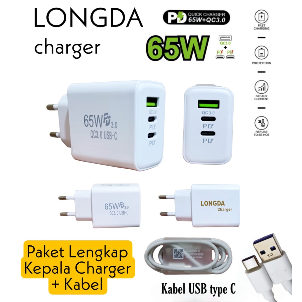 Paket Lengkap Adaptor Charger LONGDA Quick Charger QC 3.0 + dual PD 65 Watt dan Kabel